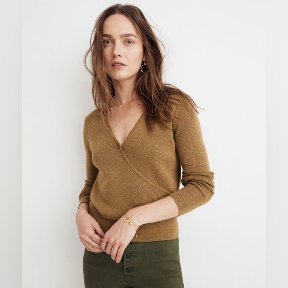 Madewell Wrap-Front Pullover Sweater in Spiced Olive Size Large